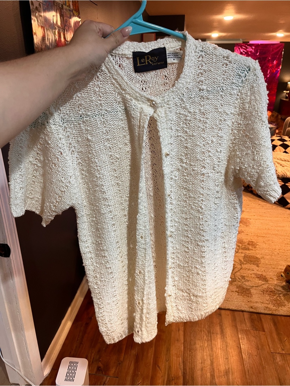 LeRoy Cream Open-Knit Short Sleeve Button-Down Top